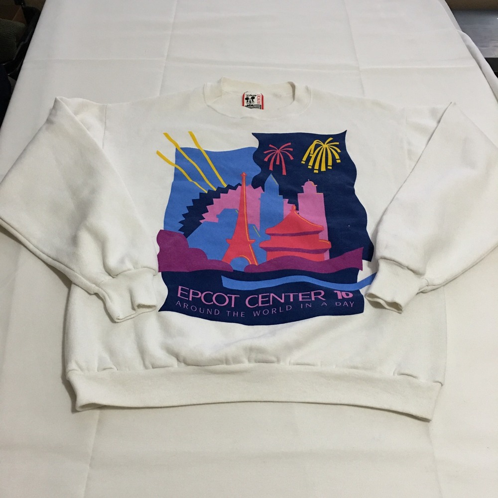 Disney Designs Sweatshirt Mens Medium White Epcot Center Graphic Vintage 90s